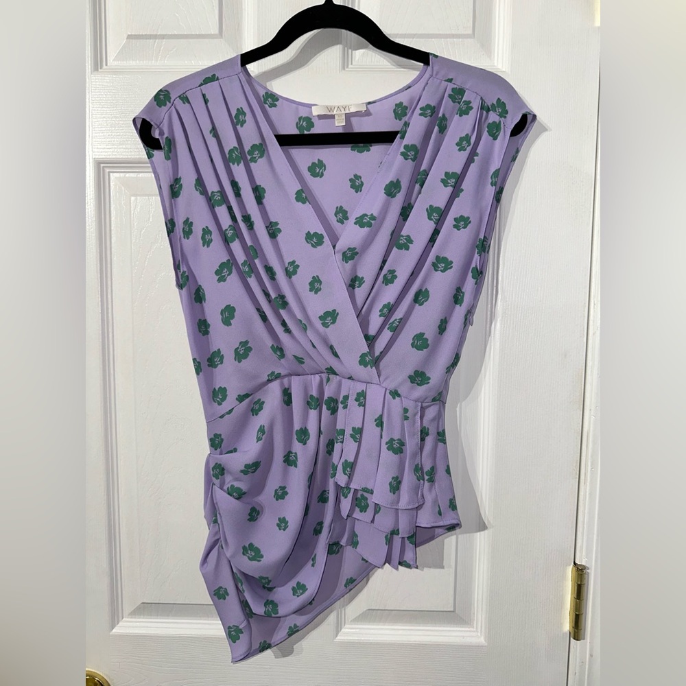 WAYF Purple Asymmetrical Wrap Blouse Cap Sleeve (XS) - Picture 9 of 16
